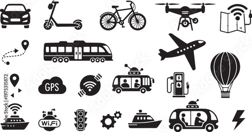 Transportation modes and GPS navigation icons on white background