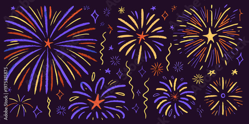 Colorful fireworks display with stars and sparkling trails against a dark backdrop