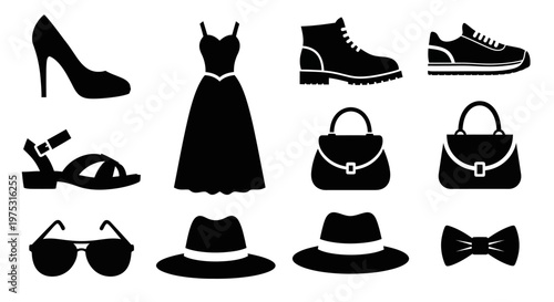Fashion Accessories Icons: Shoes, Dresses, Bags, Hats, Sunglasses, Bow Tie