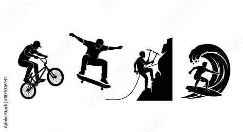 Extreme Sports Silhouettes: BMX, Skateboarding, Climbing, Surfing - Action Collage