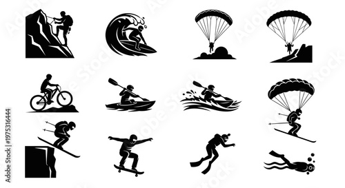 Extreme Sports Icons: Set of 12 Black Silhouettes Representing Adventure Activities