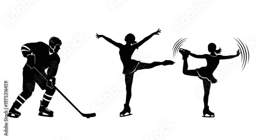 Ice Hockey Player and Figure Skaters Silhouettes - Sports Action