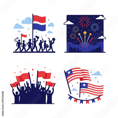 Patriotic Celebration: Parade, Fireworks, Crowd, and Flags