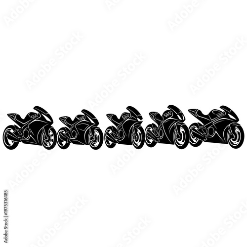 Row of Black Sport Motorcycles Lined Up on White Background