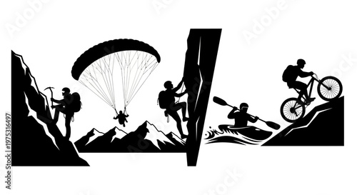 Silhouette collage of extreme sports: climbing, paragliding, kayaking, mountain biking