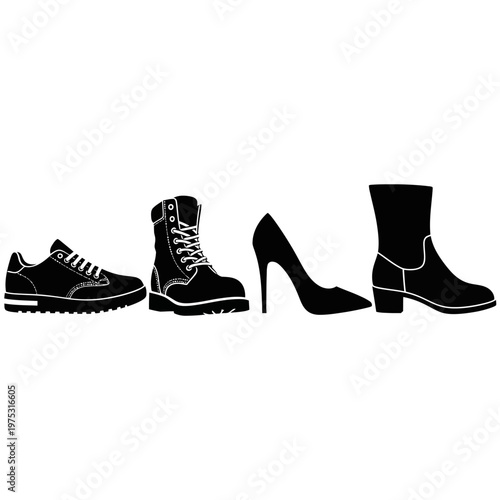 Diverse Footwear Collection: Sneakers, Boots, High Heels, and Ankle Boots