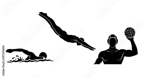 Diverse water sports: swimmer, diver, water polo player silhouettes on white background