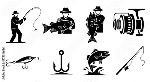 Fishing Icons Set: Fisherman, Fish, Reel, Lure, Anchor, Rod