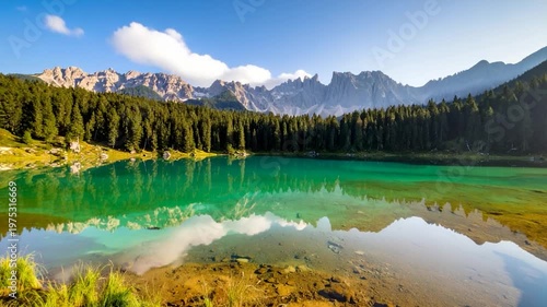 Crystal-clear lake reflecting mountains and sky, backed by forest