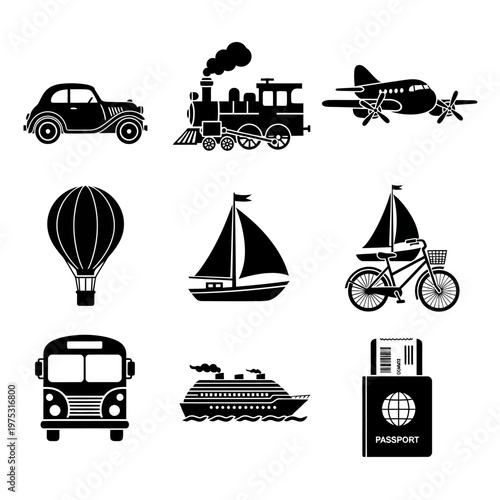 Collection of Vintage and Modern Transportation Icons: Travel and Journey Symbols