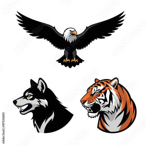 Eagle, Wolf, and Tiger Heads - Majestic Animals in Dynamic Poses