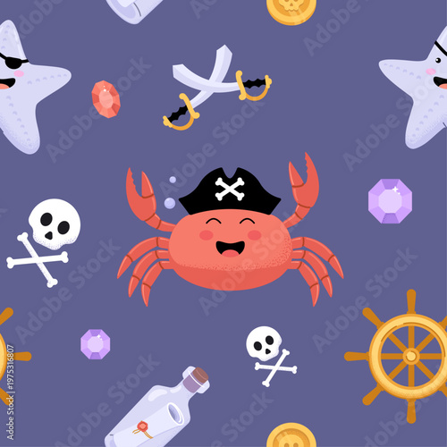 Cute pirate crab seamless pattern with nautical elements sharks skulls treasure gems ships wheel swords coins bottle message cartoon flat vector illustration for kids fabric wallpaper