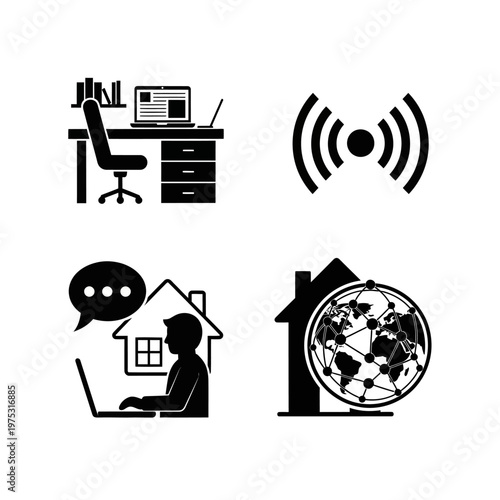Remote Work and Global Connectivity Icons: Home Office, Wi-Fi, Communication, Internet