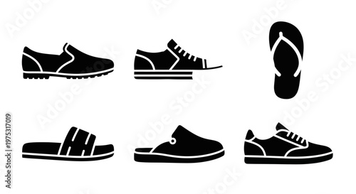 Collection of Black Shoe Icons: Sneakers, Slip-ons, Slides, and Flip-flops