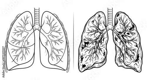 Healthy Lungs vs. Smoker's Lungs Comparison Line Art Vector