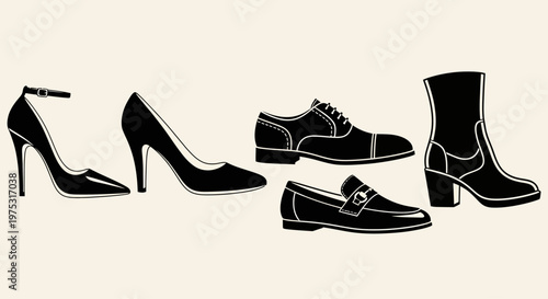 Diverse Footwear Collection: High Heels, Loafers, Oxfords, and Boots