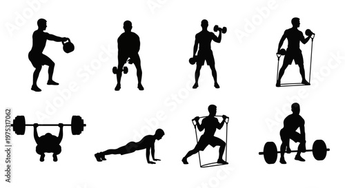 Fitness Silhouette Collection: Diverse Workout Poses with Weights and Bands