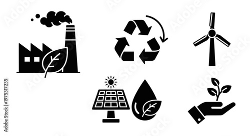 Eco-friendly energy icons: factory, recycling, wind turbine, solar panel, water drop, plant