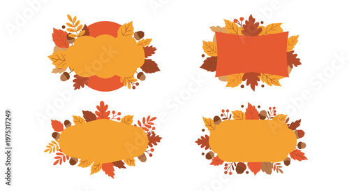 Collection of decorative autumn frames and borders made of colorful fallen leaves acorns and berries for seasonal greetings.
