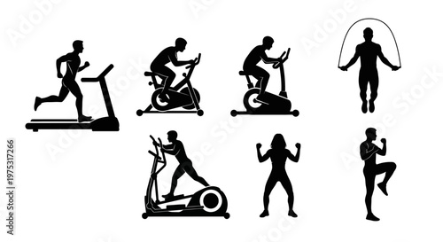 Fitness Silhouette Collection: Treadmill, Bike, Elliptical, Jump Rope, and Exercise Poses