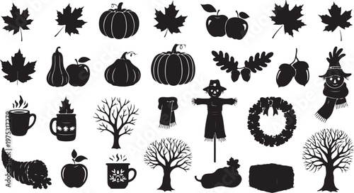 Autumn icons and symbols in black silhouette style collection