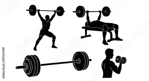 Weightlifting Silhouettes: Barbell Bench Press, Overhead Lift, Bicep Curl & Barbell