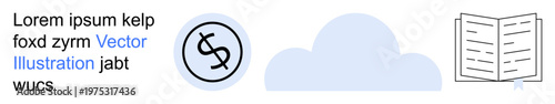 Data protection, cloud services, file storage, information access, online collaboration, privacy. Cloud icon with currency symbol and open book icon. Data protection and cloud services