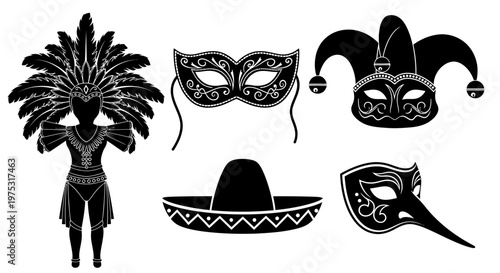 Carnival Masks and Costume Silhouette: Mardi Gras, Masquerade, Fiesta Icons