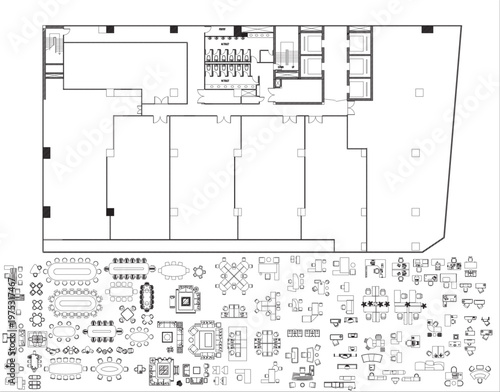 Large Office Interior Layout Blueprint with Elevator Lobby and Furniture Blocks