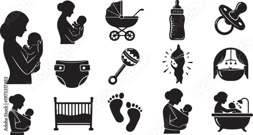 Baby Care and Parenting Icons in Black and White