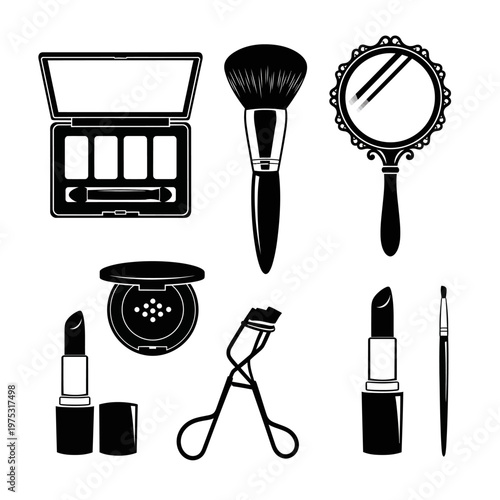 Cosmetic Makeup Tools Collection Silhouette: Lipstick, Brush, Mirror, Eyelash Curler, Eyeshadow