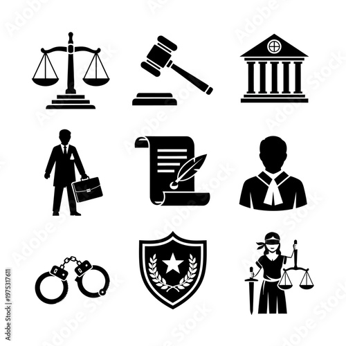 Law and Justice Icons: Gavel, Scales, Court, Lawyer, Document, Judge, Handcuffs, Shield