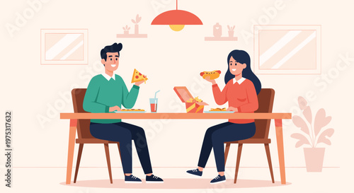 Young couple enjoying a meal together at a dining table with delicious pizza and a hot dog in a cozy home setting.