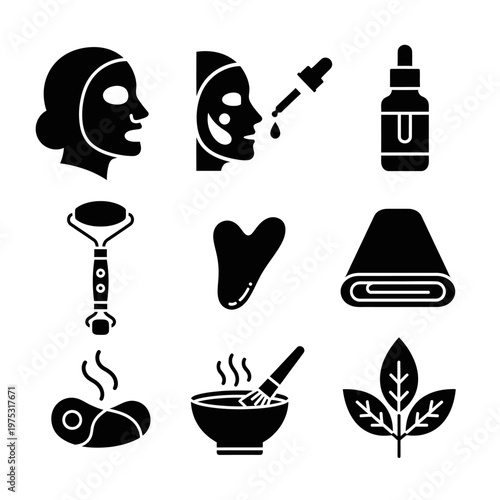 Skincare Tools Icons Set: Face Mask, Roller, Gua Sha, Dropper, Towel, Steam, Bowl, Leaves