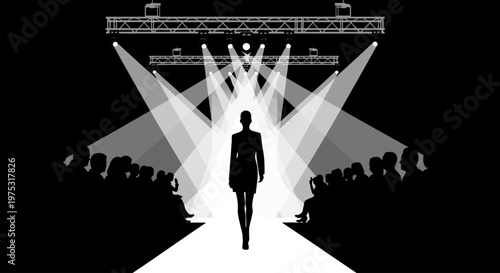 Fashion Show Runway Silhouette: Model Walking Under Spotlight with Audience Silhouettes