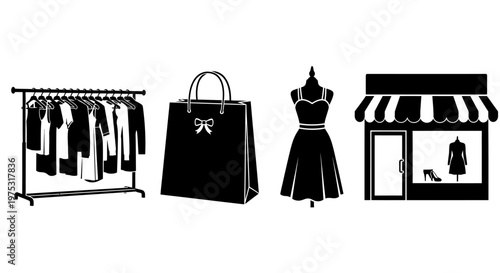 Fashion Boutique Icons: Clothing Rack, Shopping Bag, Mannequin, and Storefront