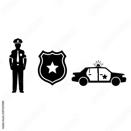Police Officer, Badge, and Patrol Car Icons: Law Enforcement and Justice Symbols