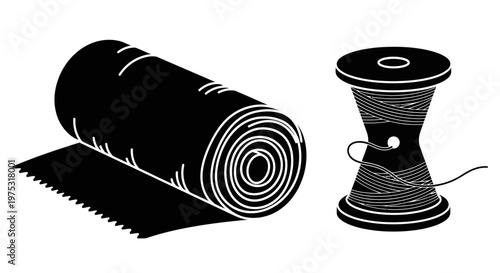 Black and white illustration of a rolled-up fabric and a spool of thread
