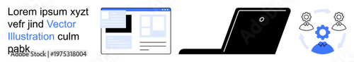 Web development, remote work, teamwork, digital solutions, productivity tools, technology. Three elements are website interface, a laptop and a collaboration gear icon. Web development and teamwork