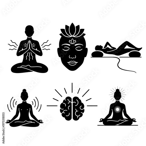 Meditation and Mindfulness Icons: Yoga, Brain, Lotus, Energy, Relaxation