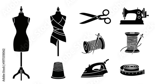 Sewing and Tailoring Icons: Mannequins, Scissors, Sewing Machine, Spool, Iron, Thimble, Tape Measure