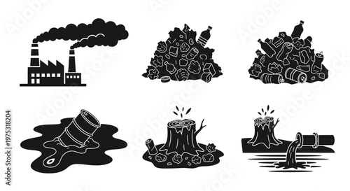 Environmental pollution and destruction icons: factory, waste, deforestation, toxic waste