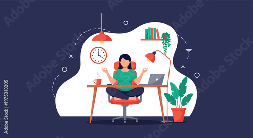 Pregnant woman sitting on an office chair and meditating at her desk with a laptop to manage work and wellness balance.