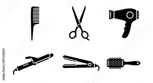 Hairdresser Tools Icons: Comb, Scissors, Hair Dryer, Curling Iron, Straightener, Brush