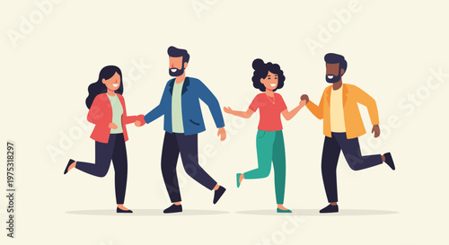 Two happy couples dancing energetically together in a social setting and expressing joy through movement and rhythm.