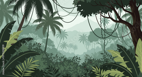 Lush tropical jungle landscape with dense green vegetation, palm trees, hanging vines, and distant mountain silhouettes.