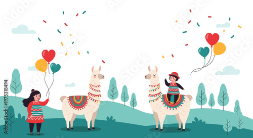 Two children in traditional clothing having fun with decorated llamas and colorful balloons in a beautiful outdoor landscape.