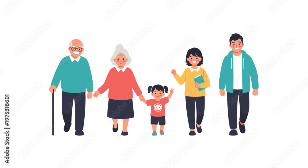 Fototapeta premium Multigenerational family group including grandparents, parents, and a young child walking together and smiling with happiness.
