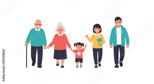 Multigenerational family group including grandparents, parents, and a young child walking together and smiling with happiness.