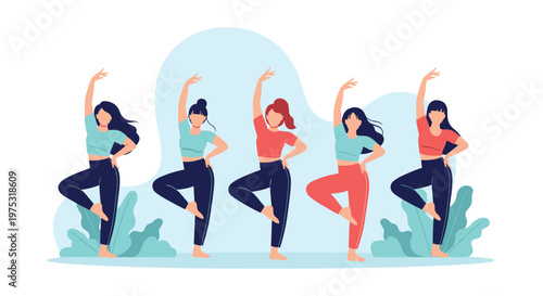 Group of five athletic women practicing a synchronized dance or yoga pose in a studio with a light blue abstract background.